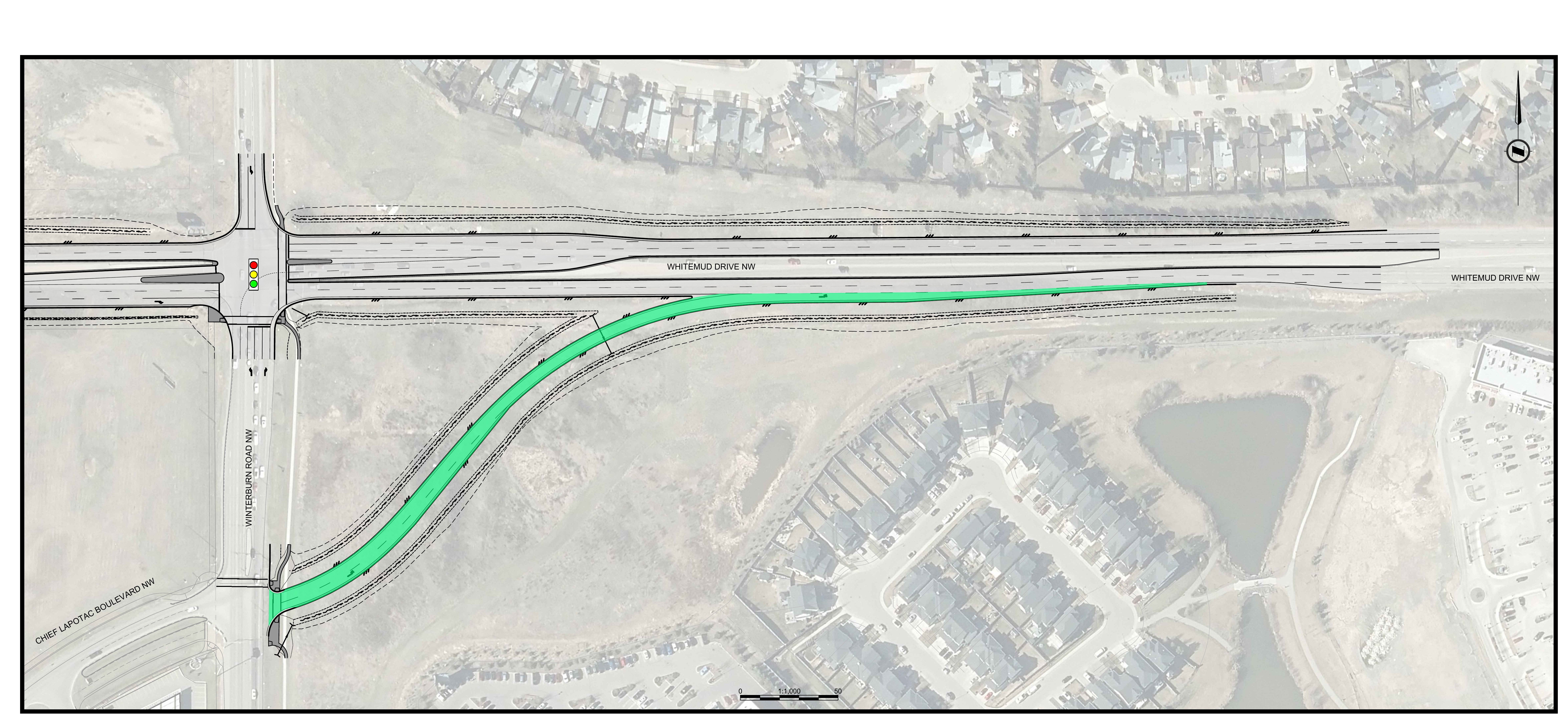 Construction scope sketch at Whitemud Drive and Winterburn Road (215 Street), including the highlighted jughandle connection